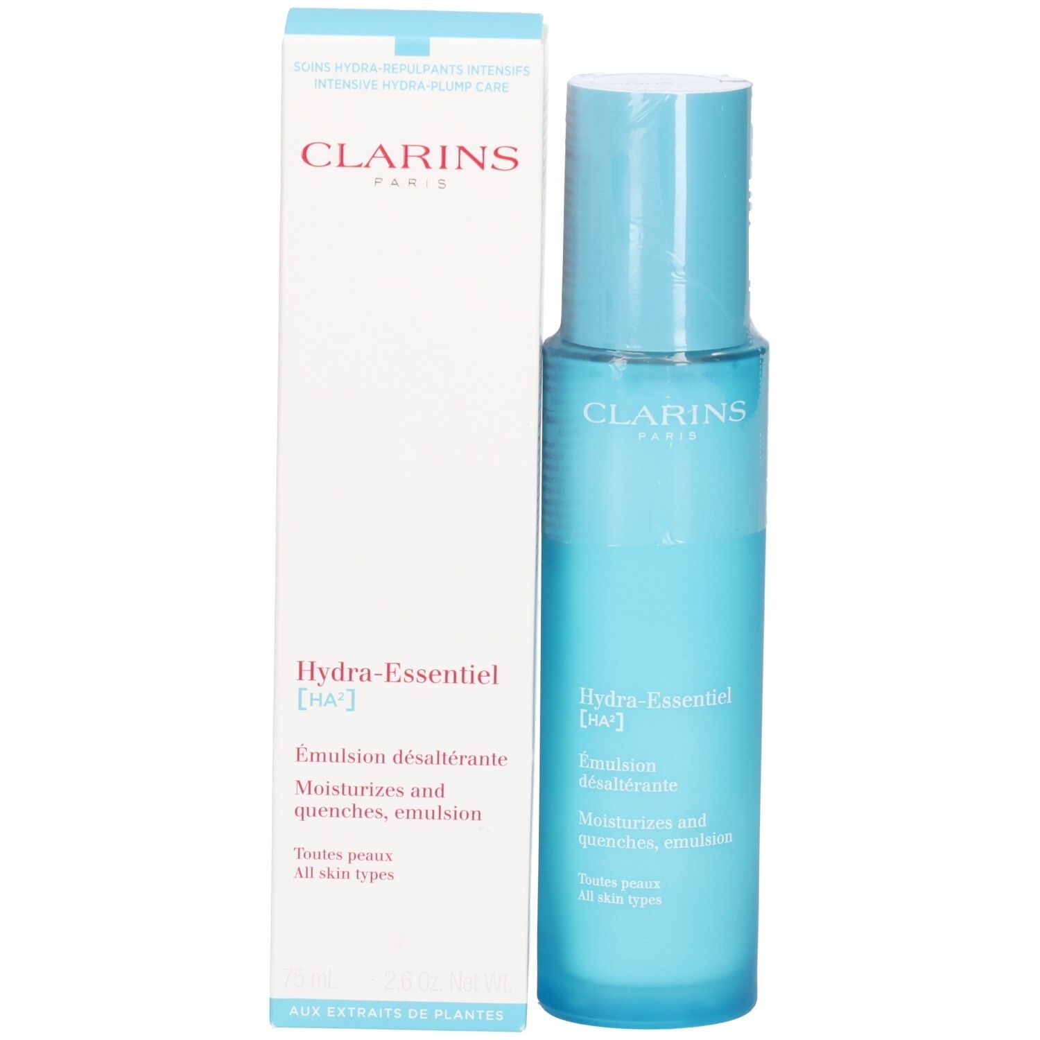 Clarins Hydra-Essentiel HA² Émulsion désaltérante und Verpackung. Enthält Flasche und Karton.