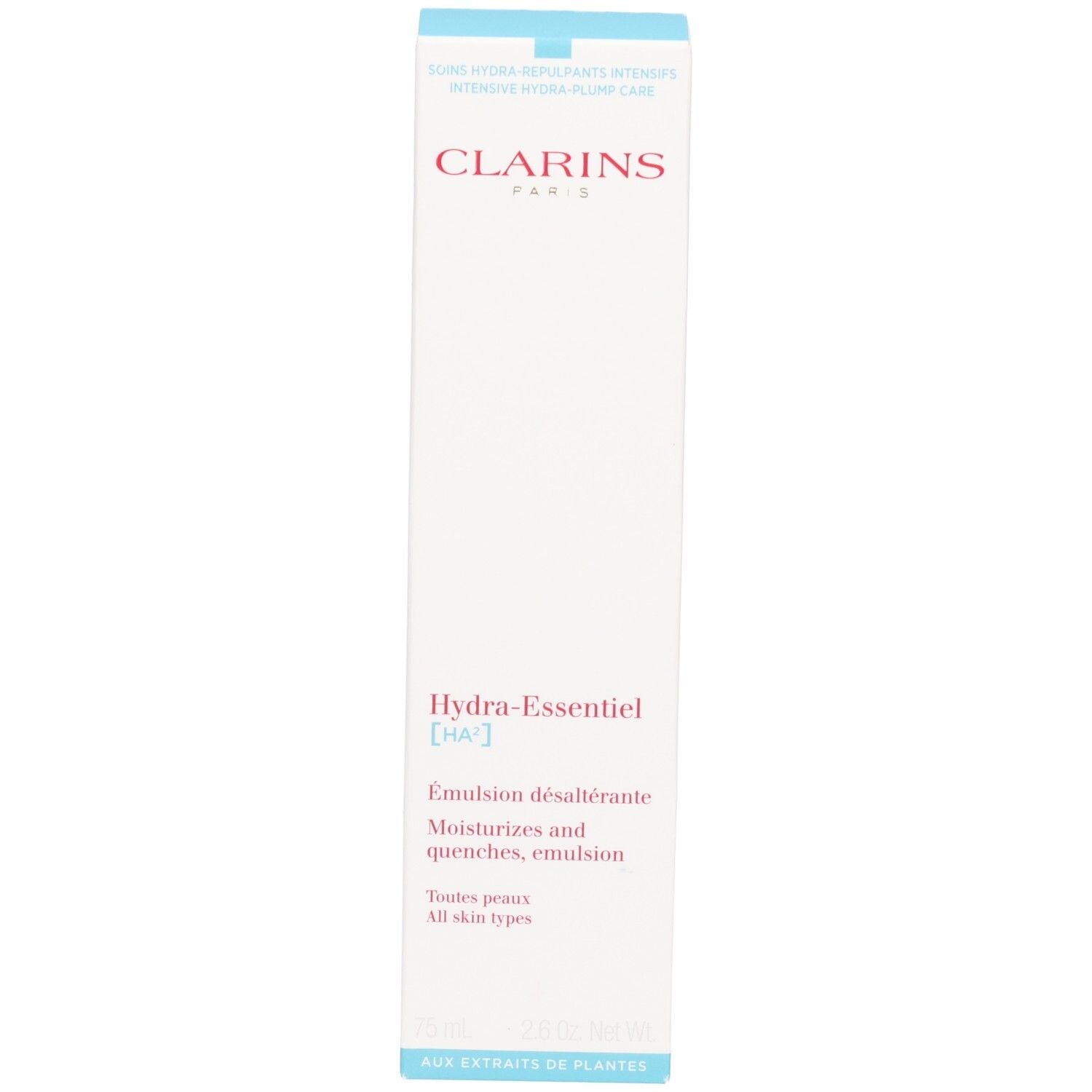 Clarins Hydra-Essentiel HA² Émulsion désaltérante Verpackung. Karton mit Produktinformationen.