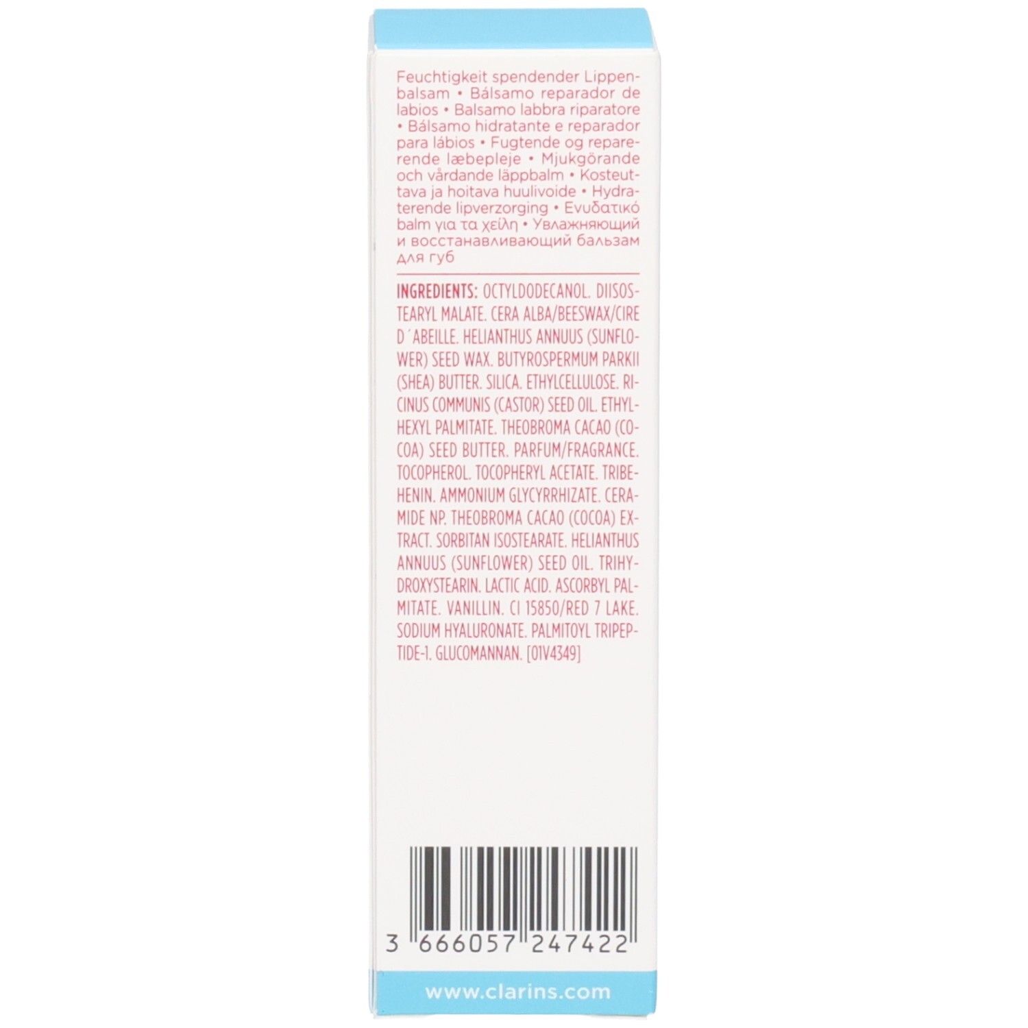 Seite der Clarins Hydra-Essentiel Lippenbalsam Faltschachtel mit Inhaltsstoffen.