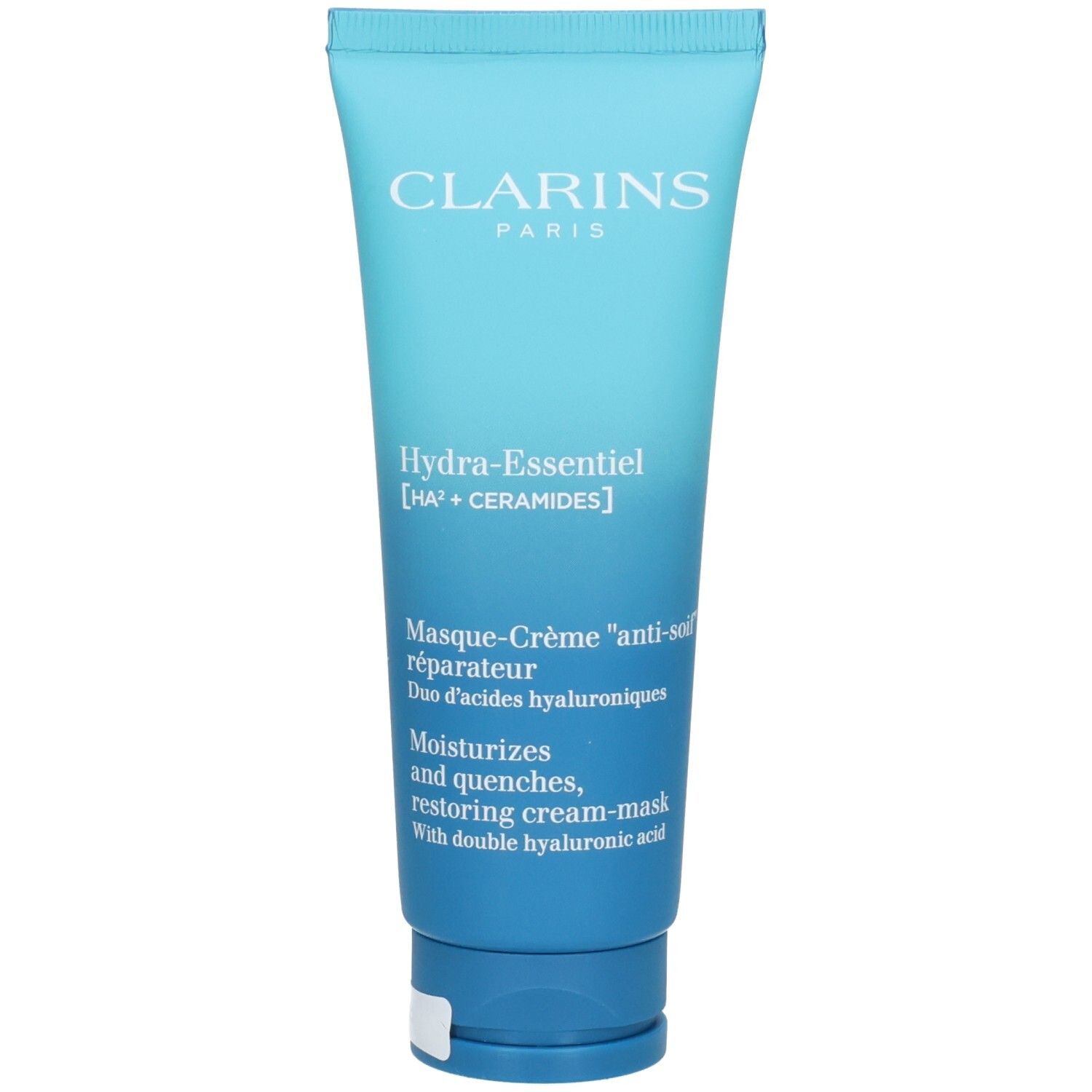 Clarins Hydra-Essentiel Feuchtigkeits-Creme-Maske Tube mit doppelsäure Hyaluron. Hellblaue Tube mit weißem und blauem Aufdruck.