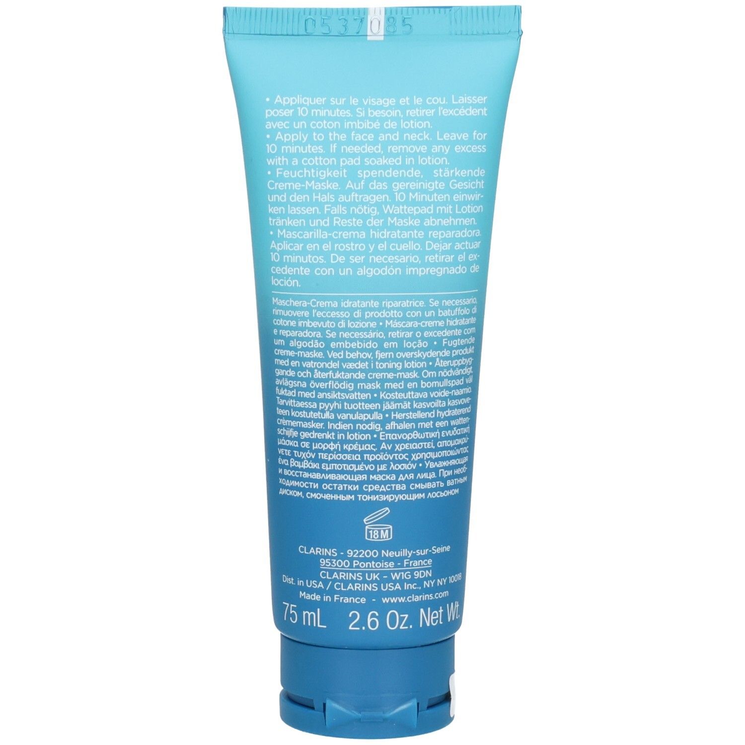 Rückseite der Clarins Hydra-Essentiel Feuchtigkeits-Creme-Maske Tube. Enthält Anwendungshinweise und Produktinformationen. 75 ml.