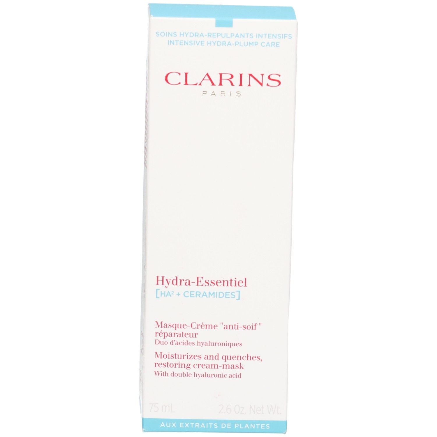 Verpackung Clarins Hydra-Essentiel Feuchtigkeits-Creme-Maske. Kartonbox mit Produktinformationen und Markenschriftzug. 75 ml.