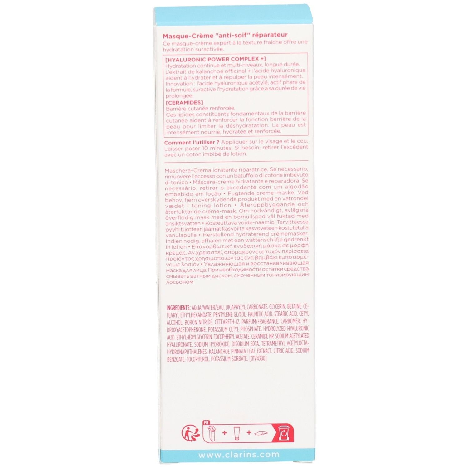 Seite der Clarins Hydra-Essentiel Feuchtigkeits-Creme-Maske Verpackung. Enthält Inhaltsstoffe und Anwendungshinweise. Mit Pflanzenextrakten.