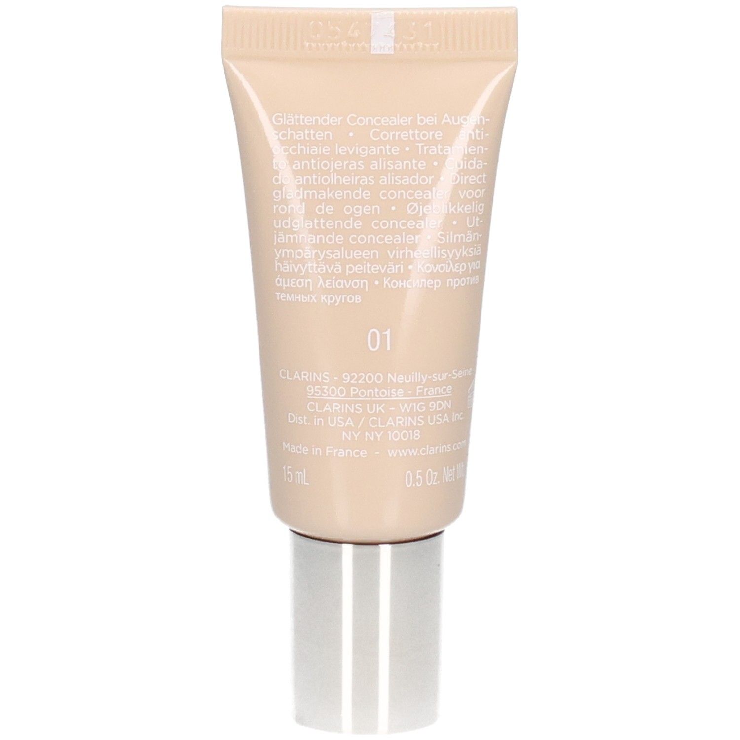 Clarins Instant Concealer 01, Rückseite der 15ml Tube mit Produktinformationen.