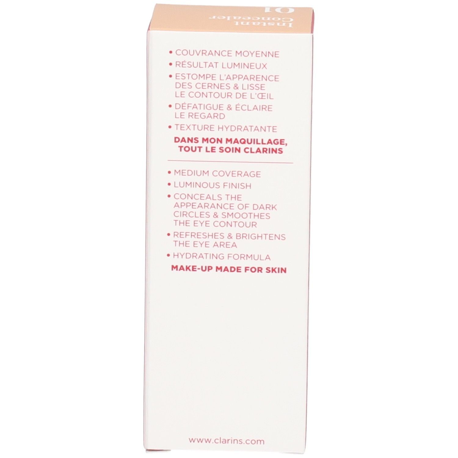 Clarins Instant Concealer 01, Seite der Verpackung mit Produktvorteilen.