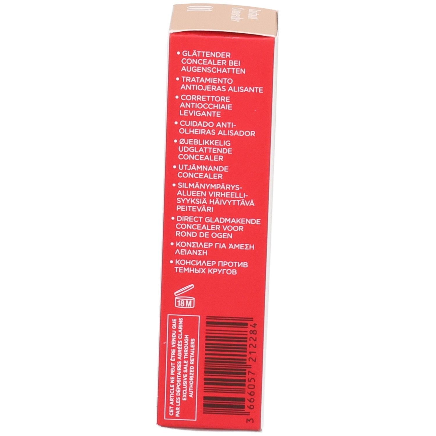 Clarins Instant Concealer 01, Seite der Verpackung mit Anwendungsbereichen.