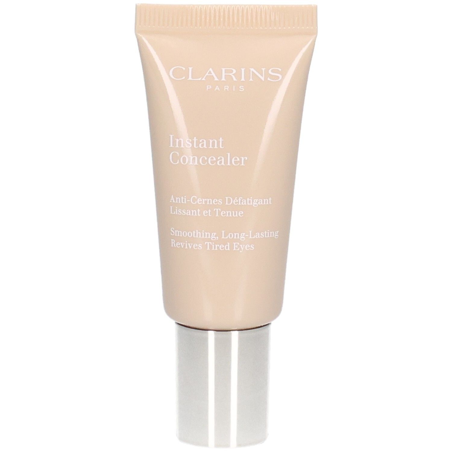Clarins Instant Concealer, Nr. 02, in einem hellbeigen Tubenformat mit silbernem Verschluss.