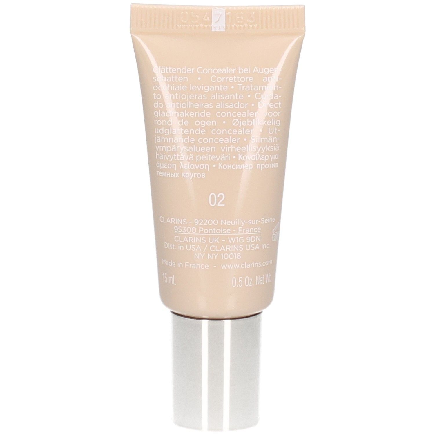 Rückseite der Clarins Instant Concealer Tube, Nr. 02, mit Produktinformationen und Farbcode.