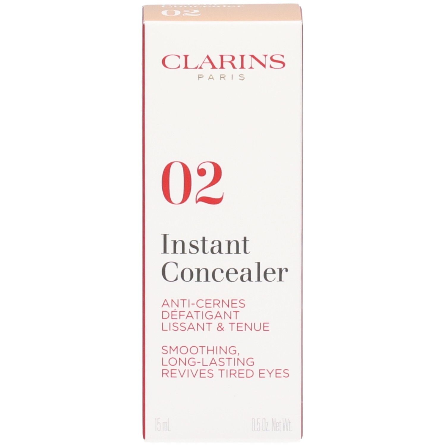 Verpackung des Clarins Instant Concealer, Nr. 02, in Rot und Weiß mit Produktnamen und Farbnummer.