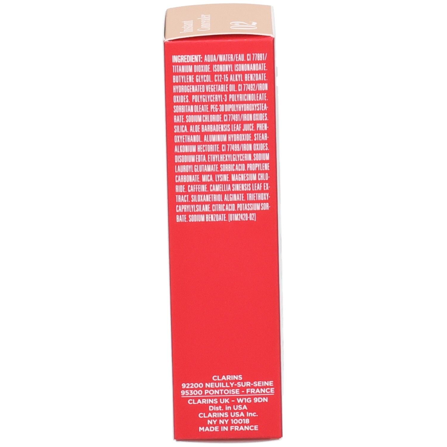 Seite der Clarins Instant Concealer Verpackung mit Inhaltsstoffen und Herstellerinformationen.