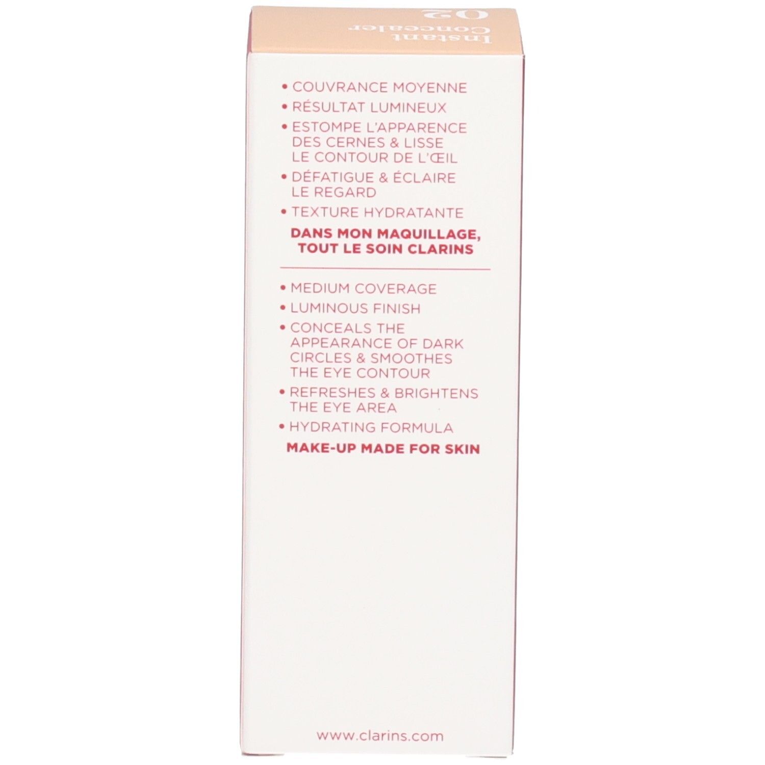 Rückseite der Clarins Instant Concealer Verpackung mit Produktvorteilen und Website.