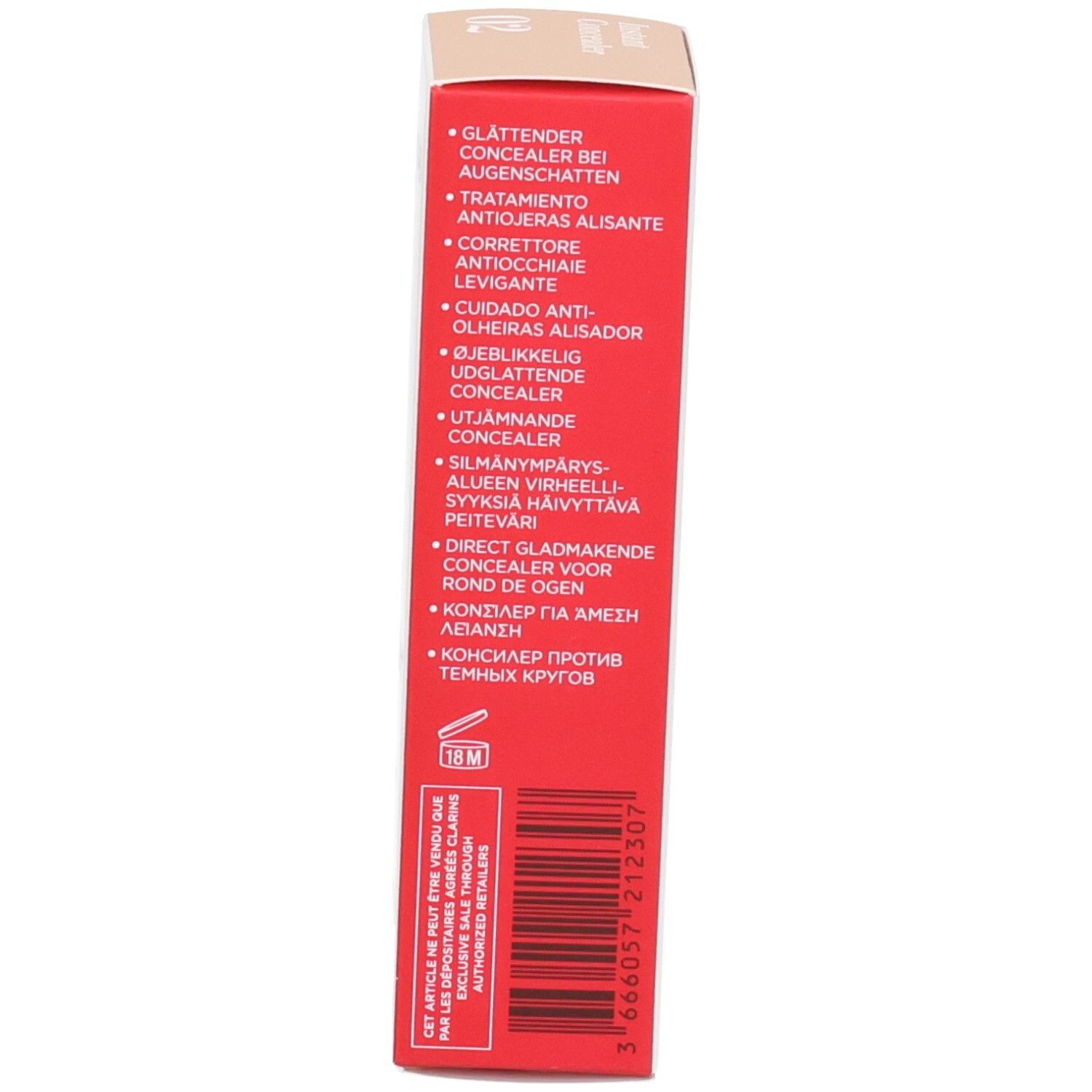 Seite der Clarins Instant Concealer Verpackung mit Anwendungsbereichen und Barcode.