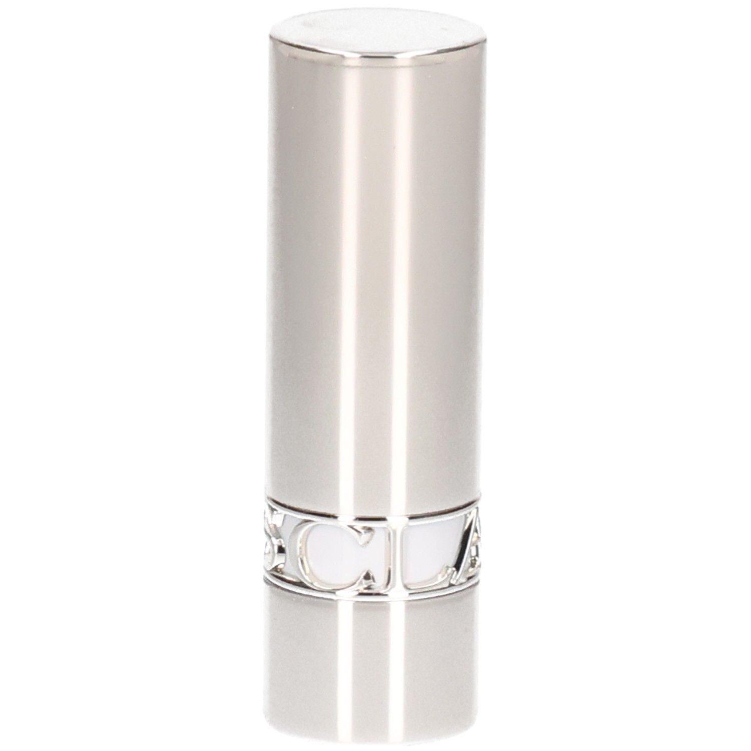 Silberner Lippenstifttiegel mit glänzender Oberfläche und einem Ring mit dem Markennamen.