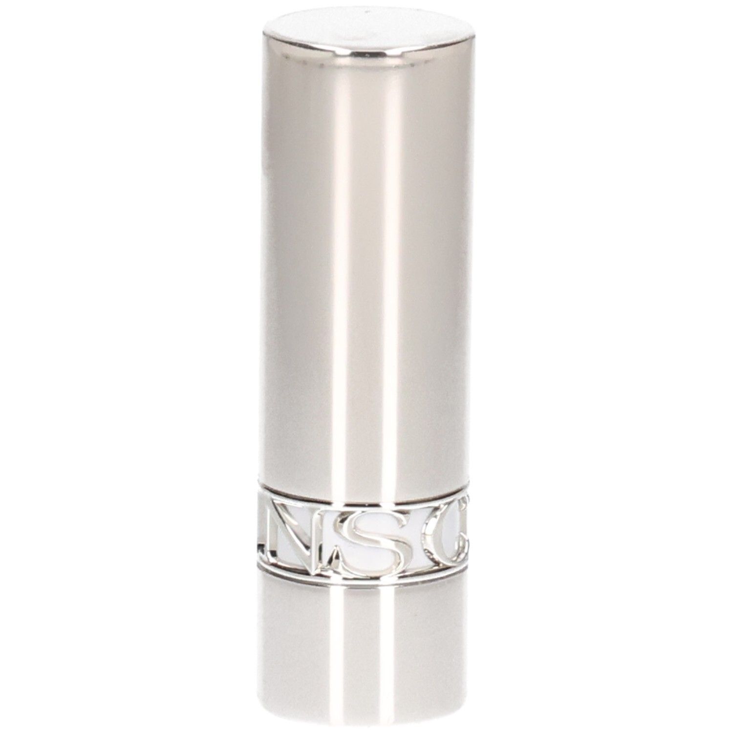Silberner Lippenstifttiegel mit glänzender Oberfläche und einem Ring mit dem Markennamen.