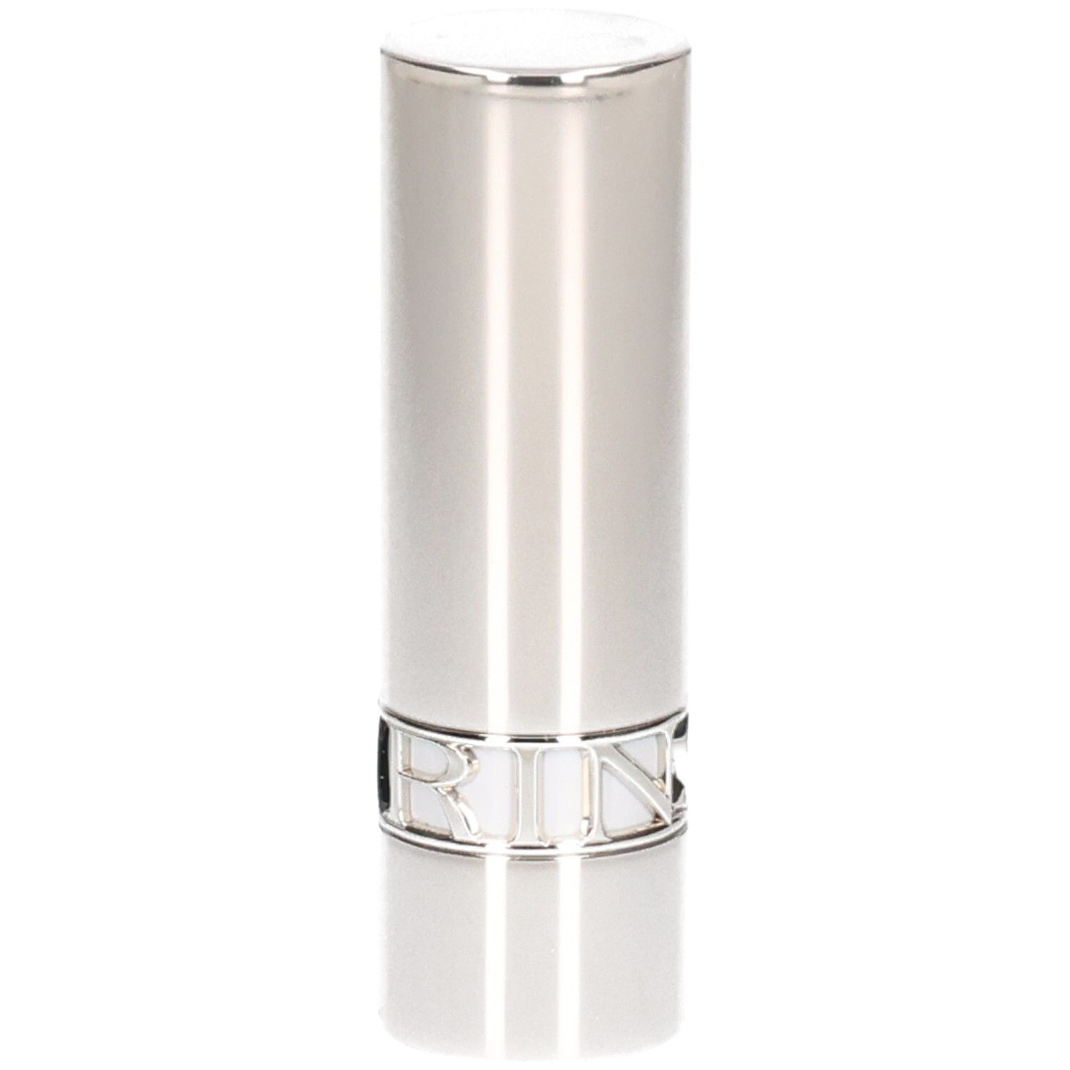 Silberner Lippenstifttiegel mit glänzender Oberfläche und einem Ring mit dem Markennamen.