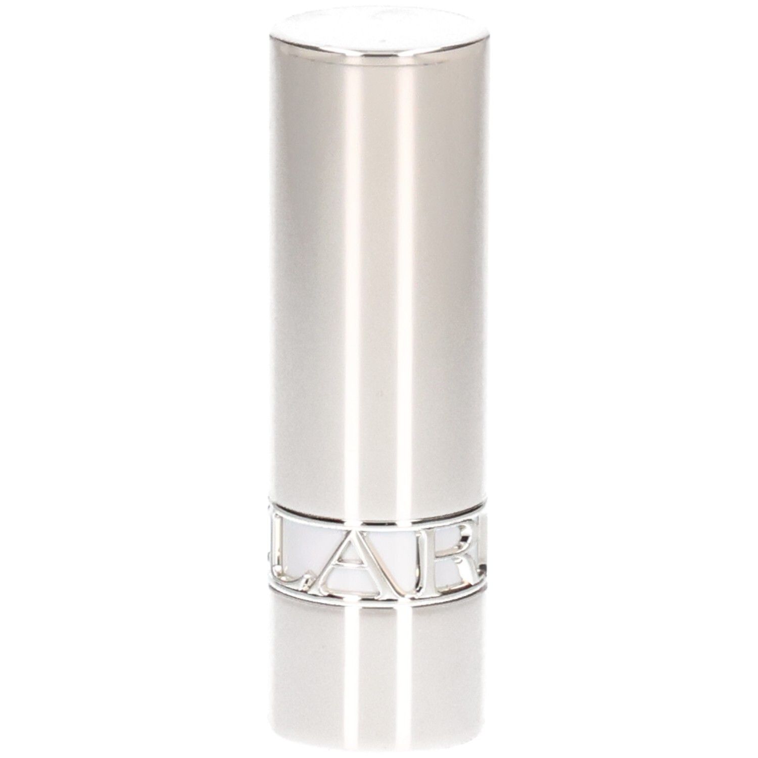 Silberner Lippenstifttiegel mit glänzender Oberfläche und einem Ring mit dem Markennamen.