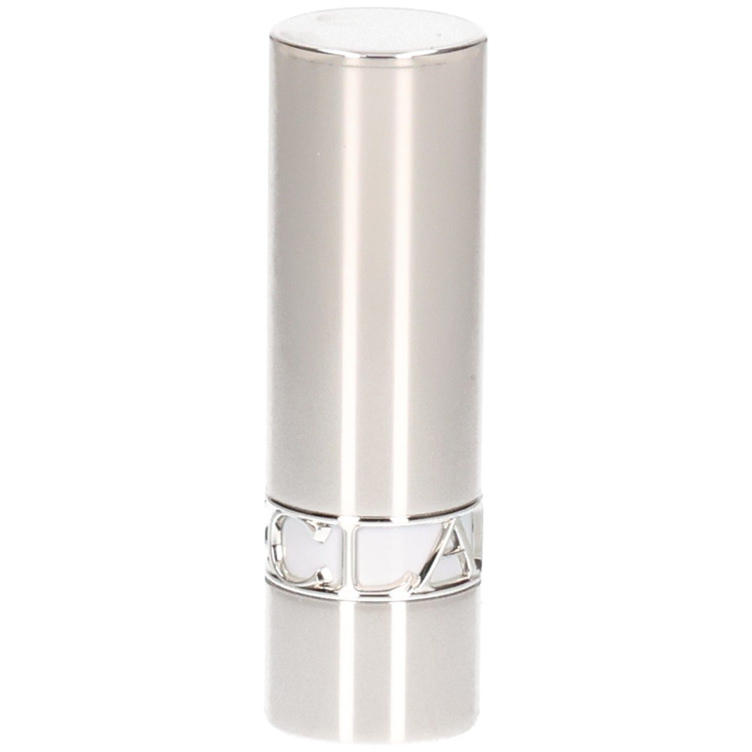 Silberner Lippenstifttiegel mit glänzender Oberfläche und einem Ring mit dem Markennamen.