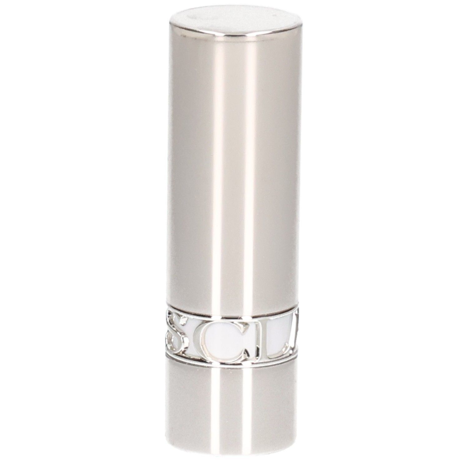 Silberner Lippenstifttiegel mit glänzender Oberfläche und einem Ring mit dem Markennamen.