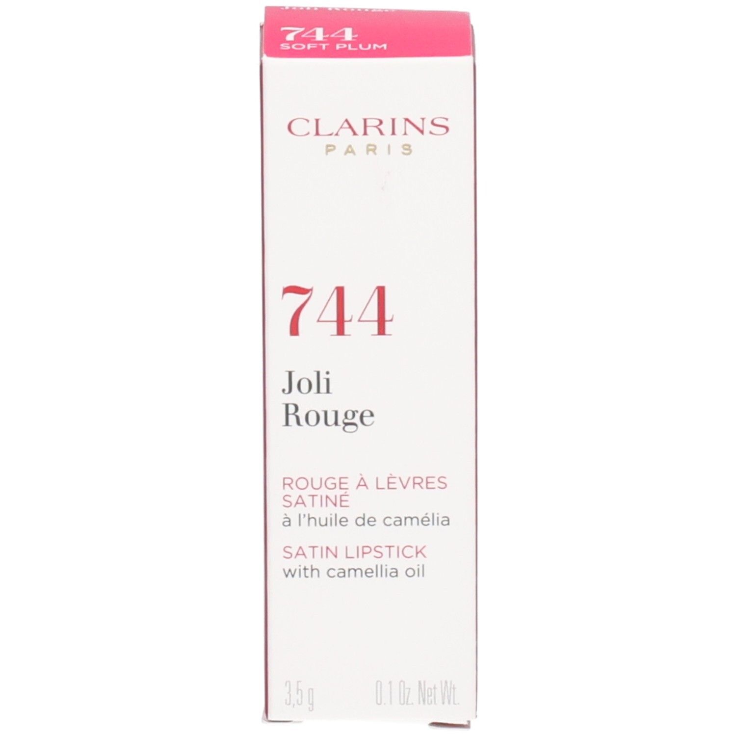 Verpackung des Clarins Joli Rouge Lippenstifts 744 Soft Plum, mit Produktinformationen.