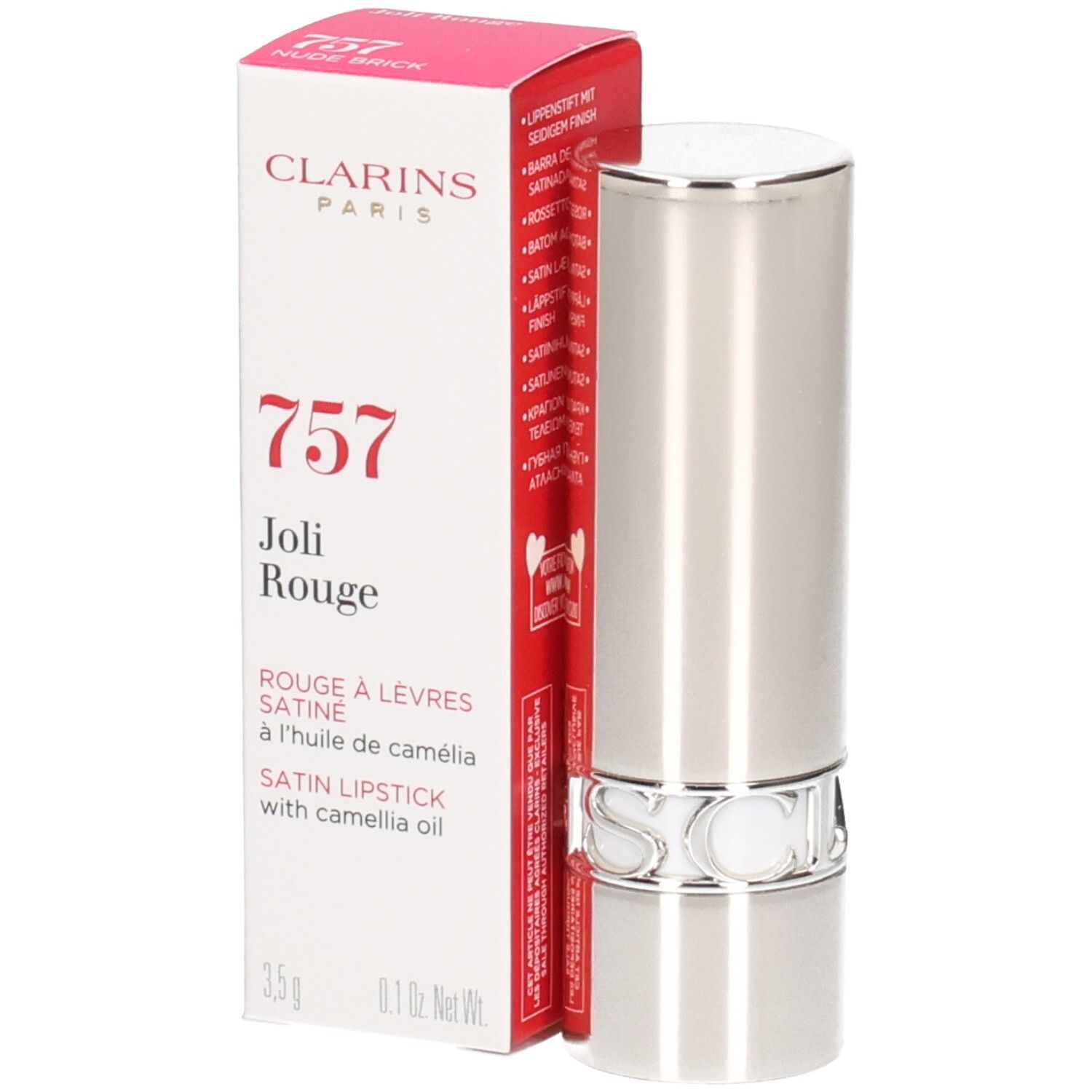 Clarins Joli Rouge Satin Lippenstift 757 in silberner Hülse mit Faltschachtel.