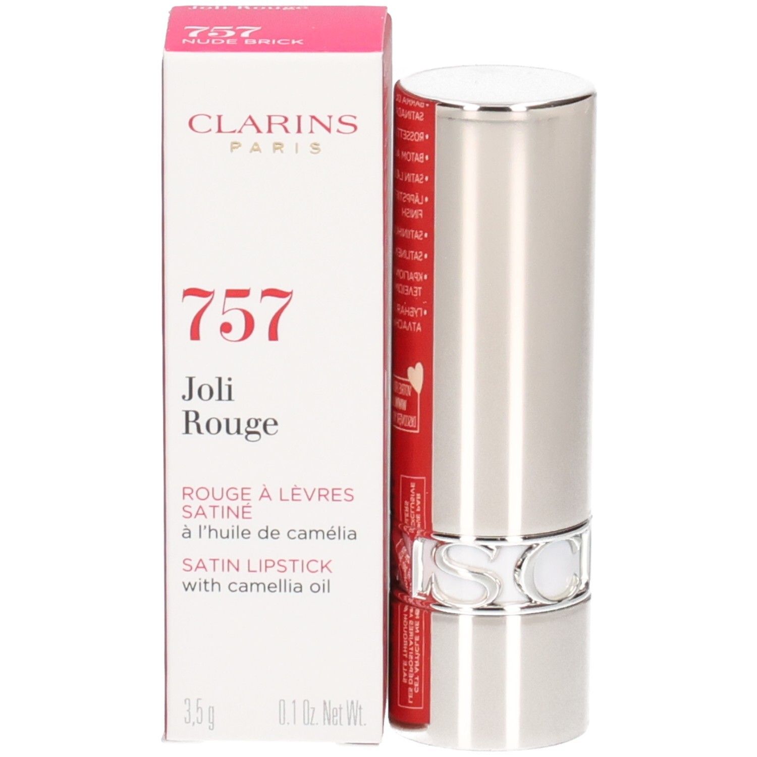 Clarins Joli Rouge Satin Lippenstift 757 in silberner Hülse mit Faltschachtel.