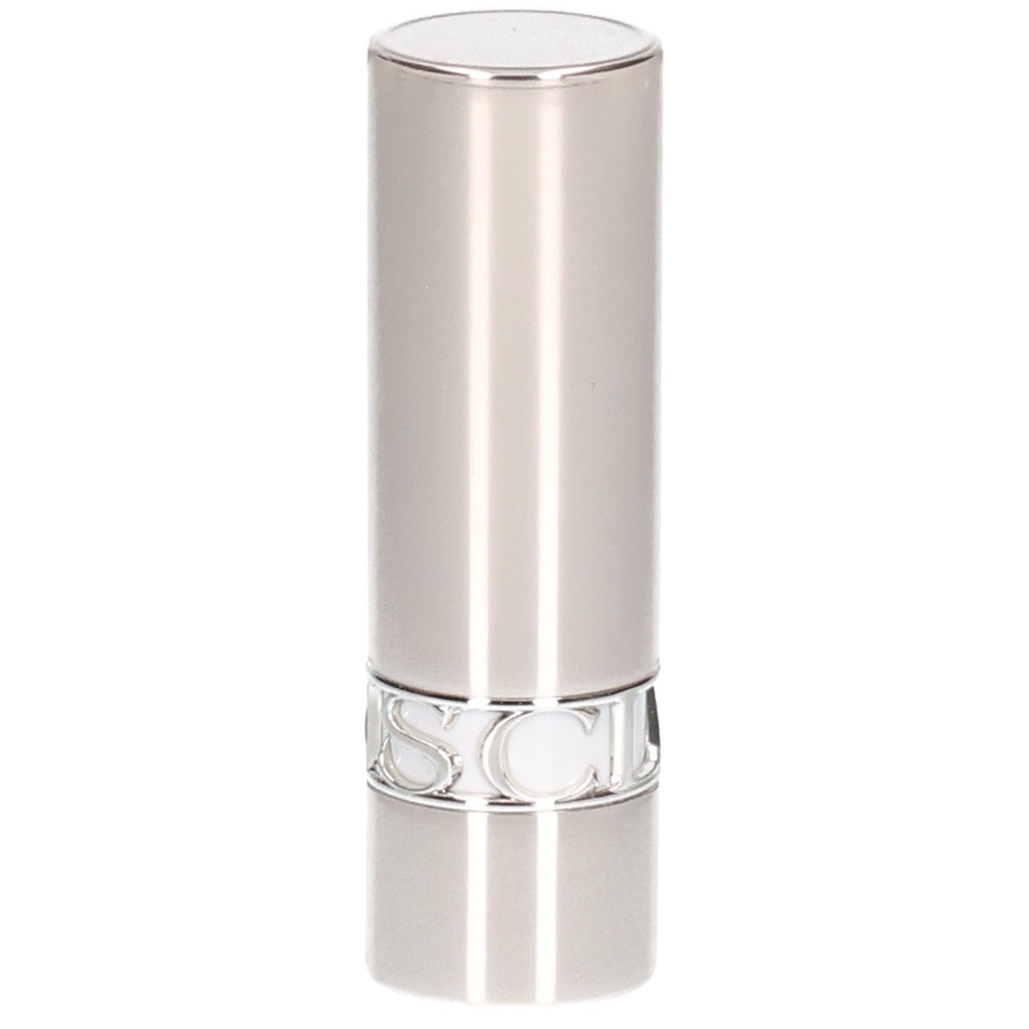 Silberner Lippenstifttiegel mit vertikalen Linien und einem silbernen Ring.