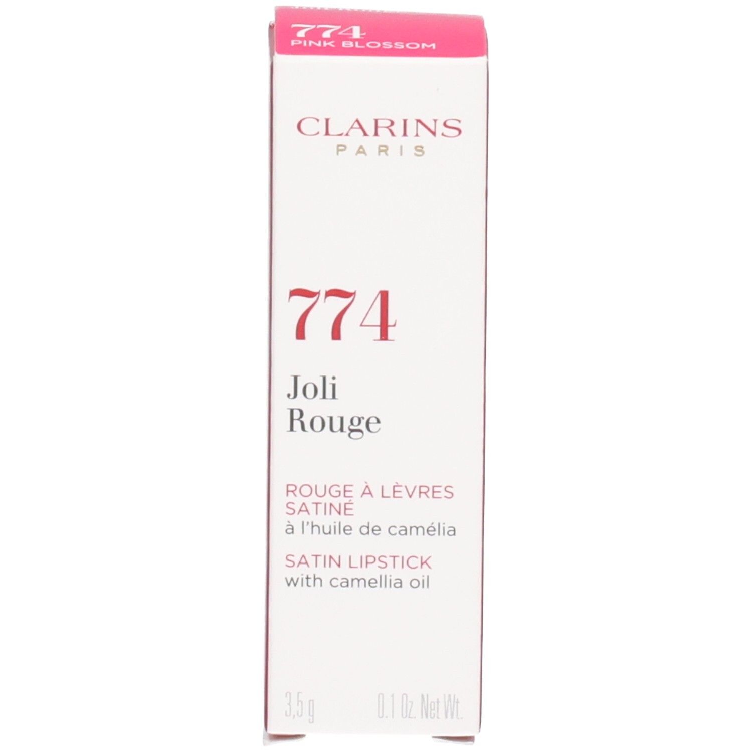 Clarins Joli Rouge Satin Lipstick, Farbe 774 Pink Blossom, mit Camelliaöl.