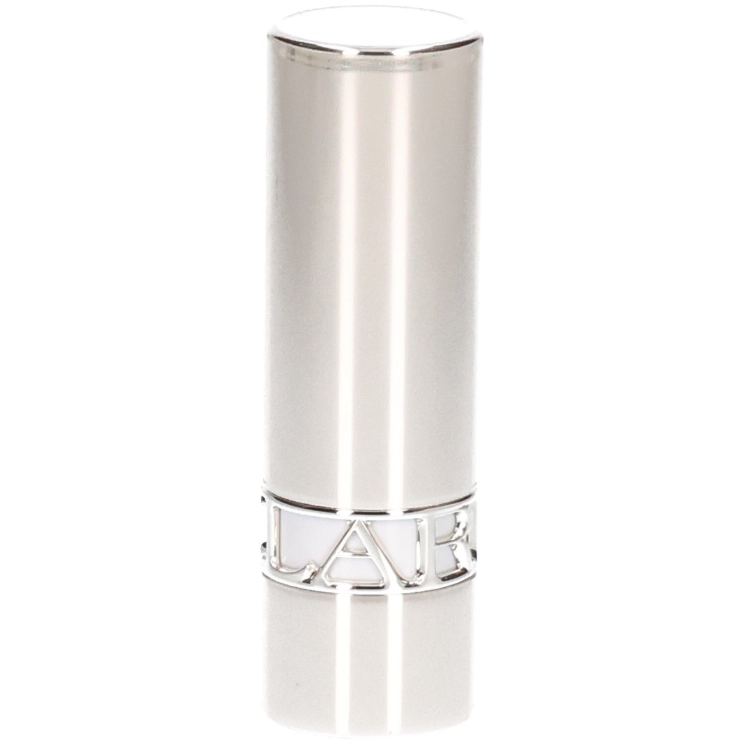 Silberner Lippenstifttiegel mit glänzender Oberfläche und silbernem Schriftzug.