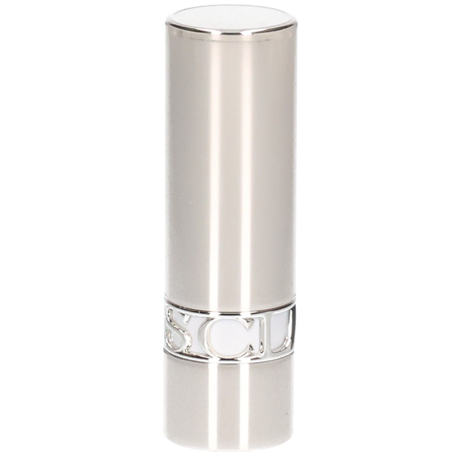 Silberner Lippenstiftbehälter mit vertikalen Linien und einem verzierten Ring.