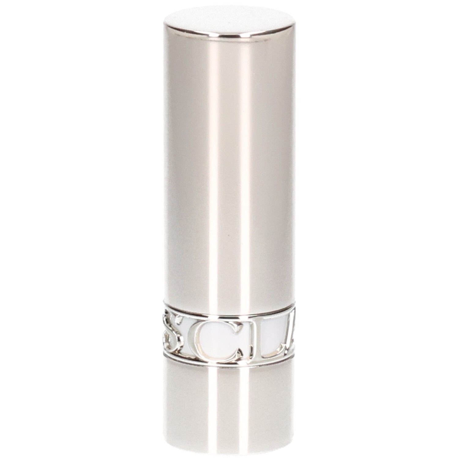 Silberner Lippenstifttiegel mit glänzender Oberfläche und silbernem Schriftzug am Sockel.