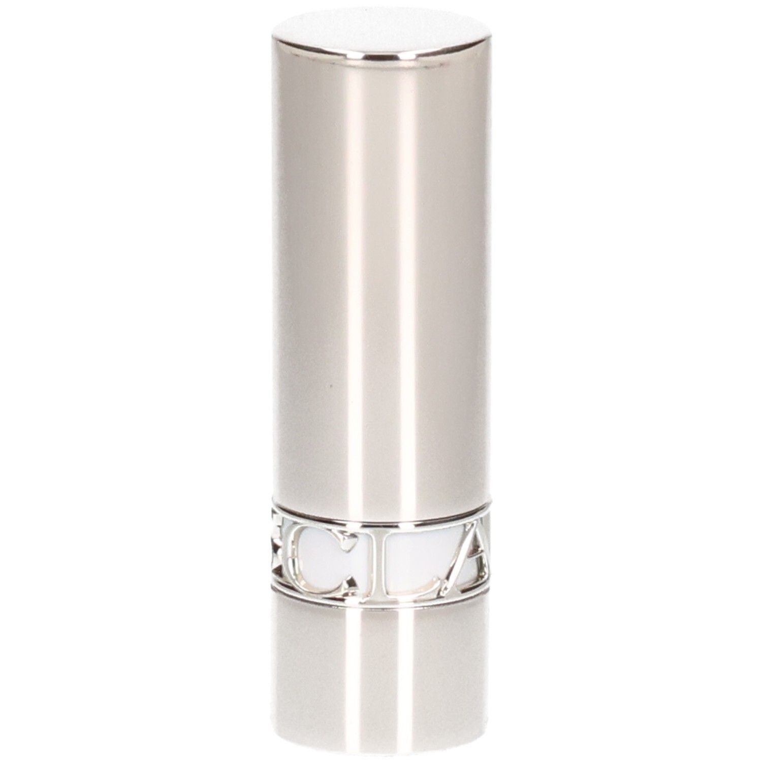 Silberner Lippenstifttiegel mit glänzender Oberfläche und silbernem Schriftzug am Sockel.