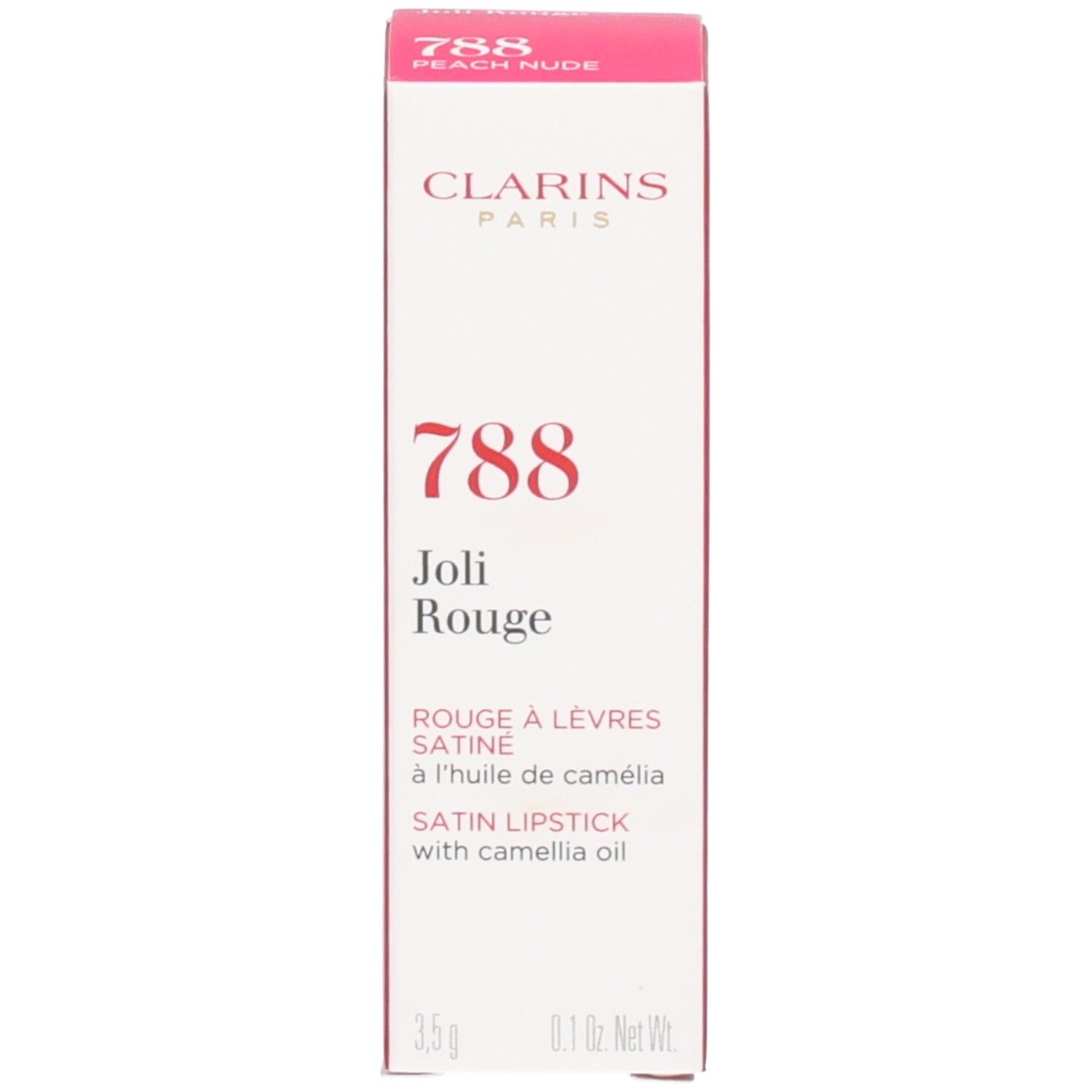 Verpackung des Clarins Joli Rouge Satin Lippenstifts, Farbton 788 Peach Nude, mit Produktinformationen.