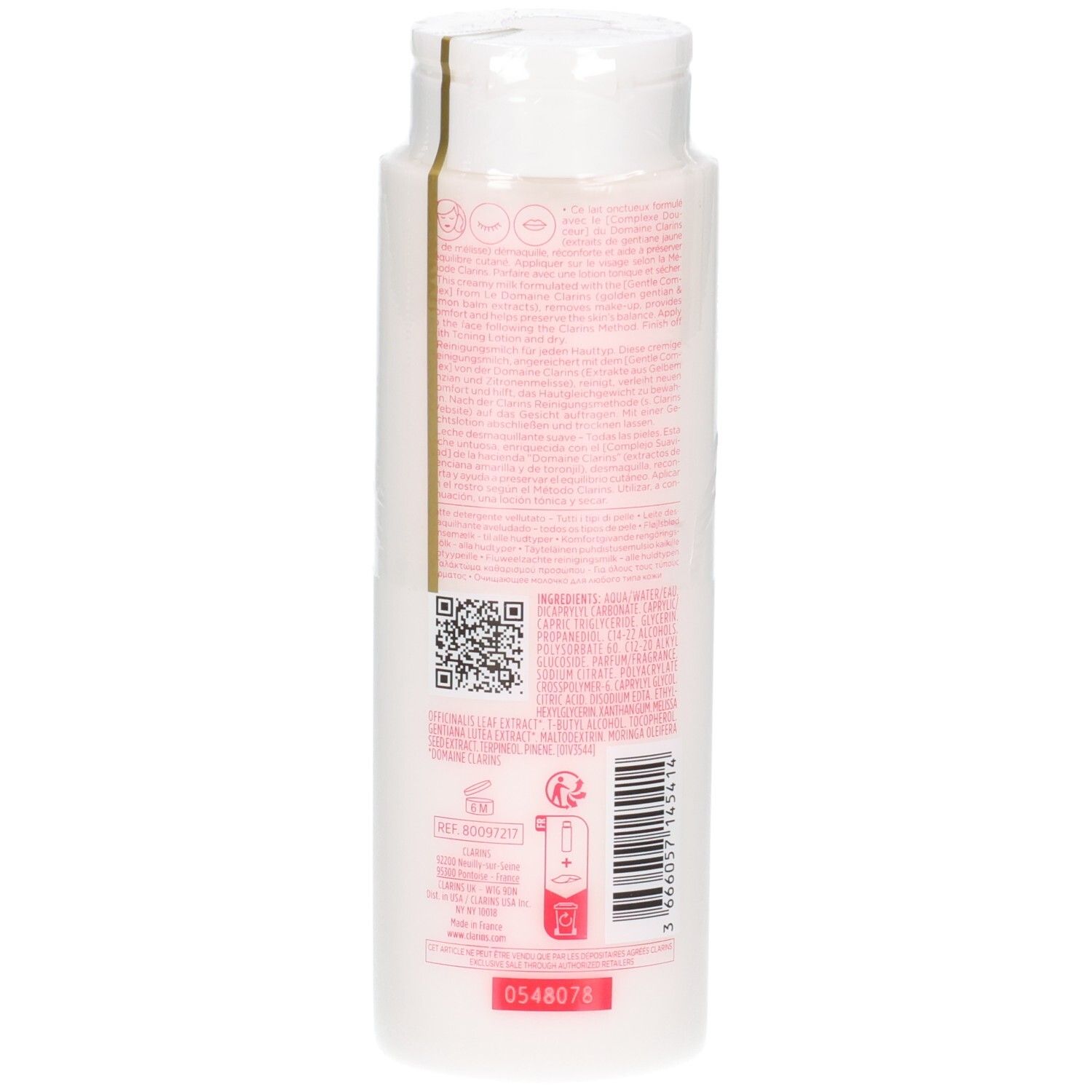 Clarins Samtige Reinigungsmilch, Rückseite mit Barcode und QR-Code.