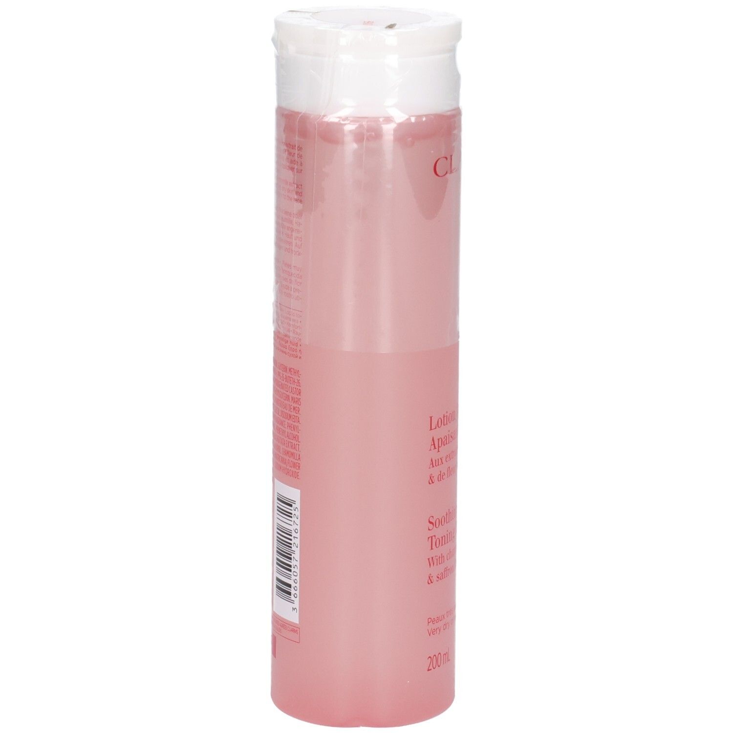 Clarins Beruhigende Tonic Lotion, Seitenansicht. Durchsichtige rosa Flasche mit weißem Klappdeckel. 200 ml.
