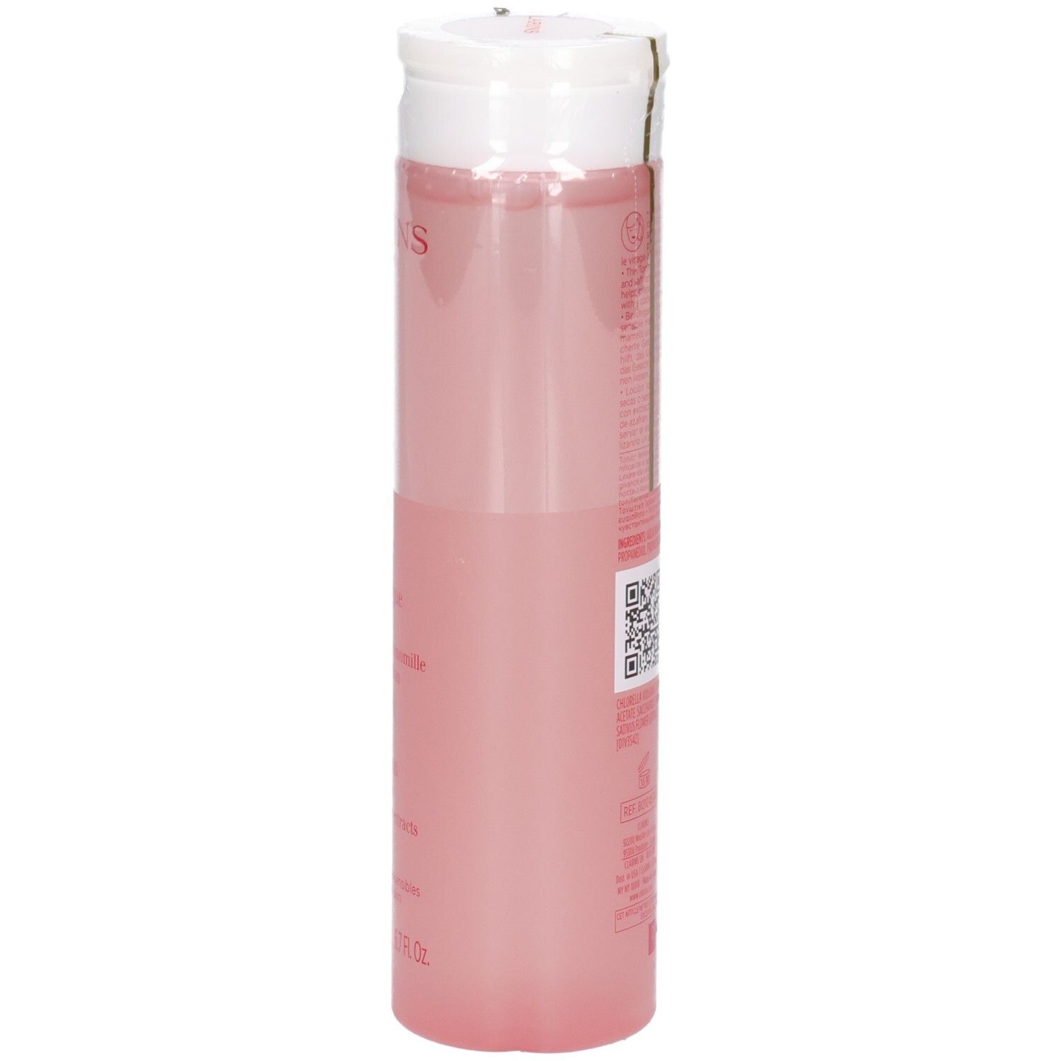 Clarins Beruhigende Tonic Lotion, Seitenansicht. Durchsichtige rosa Flasche mit weißem Klappdeckel. 200 ml.