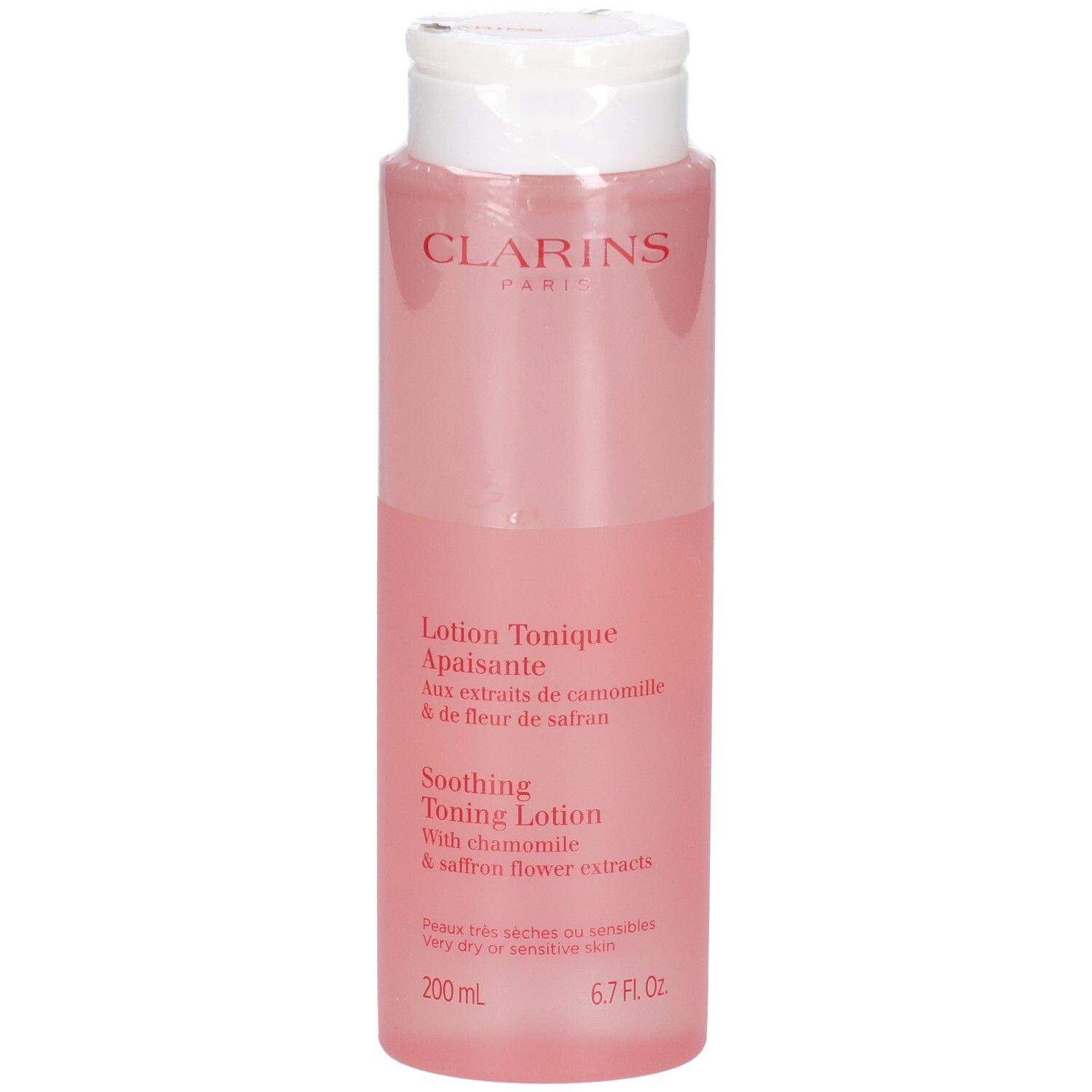 Clarins Beruhigende Tonic Lotion in einer durchsichtigen rosa Flasche mit weißem Klappdeckel. 200 ml.