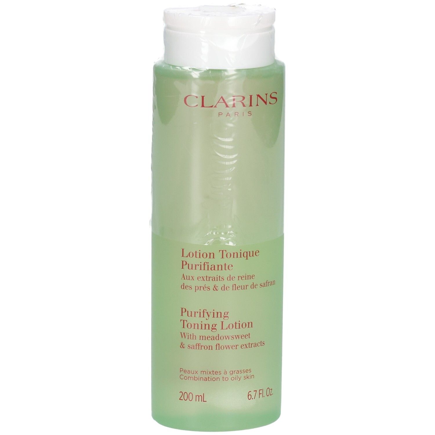 Clarins Lotion Tonique Purifiante, 200 ml, klare grüne Flüssigkeit in durchsichtigem Flakon.