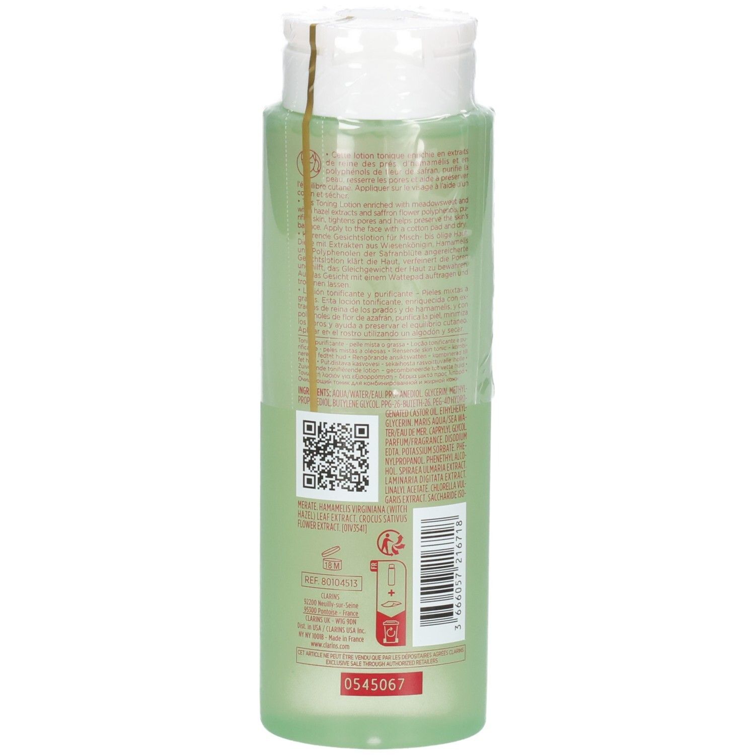 Clarins Lotion Tonique Purifiante, Rückseite des Flakons mit QR-Code und Produktinformationen.