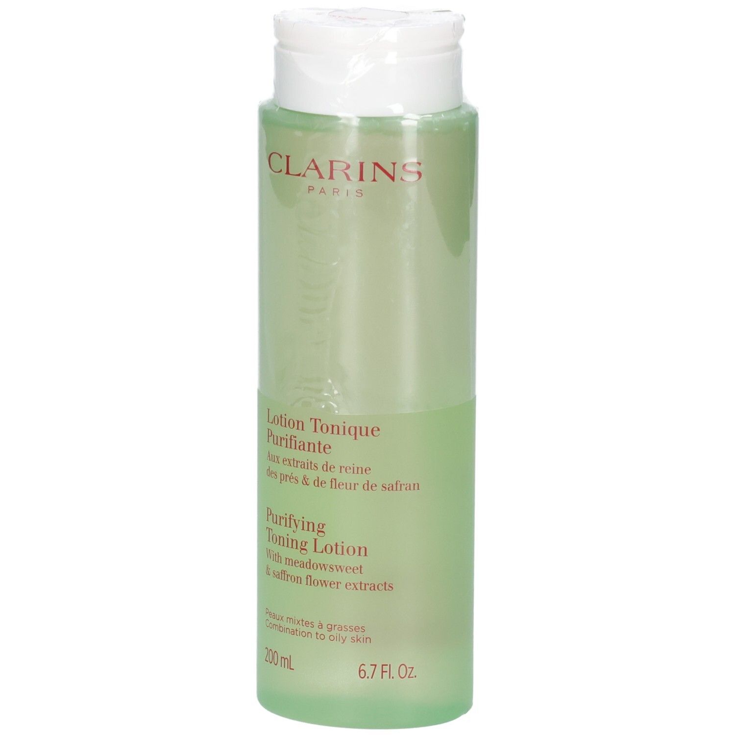 Clarins Lotion Tonique Purifiante, 200 ml, klare grüne Flüssigkeit in durchsichtigem Flakon.
