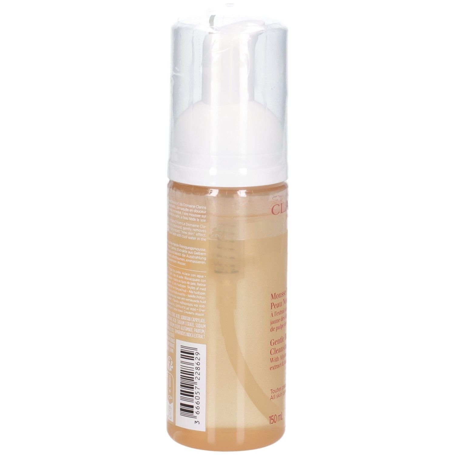 Clarins Reinigungsmousse Flasche, Rückseite mit Text und Barcode.