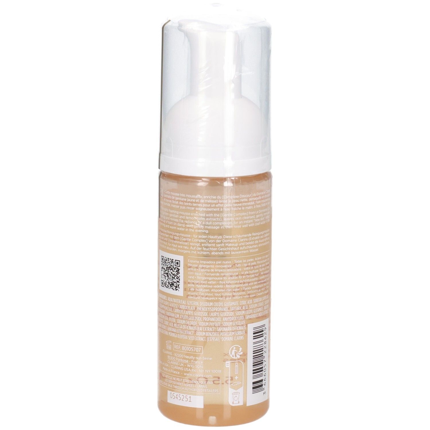 Clarins Reinigungsmousse Flasche, Rückseite mit QR-Code und Text.
