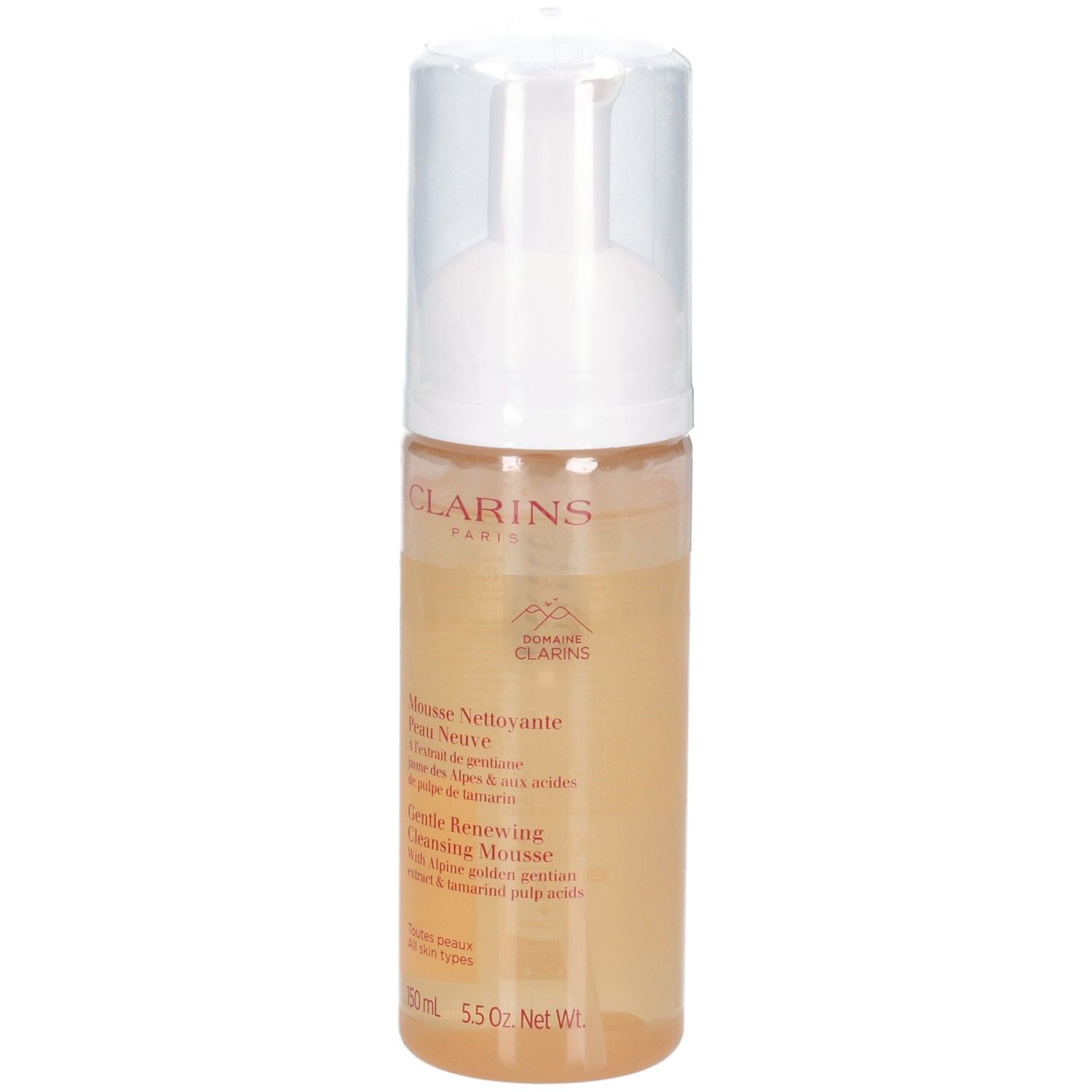 Clarins Reinigungsmousse Flasche mit Pumpspender, Vorderansicht.