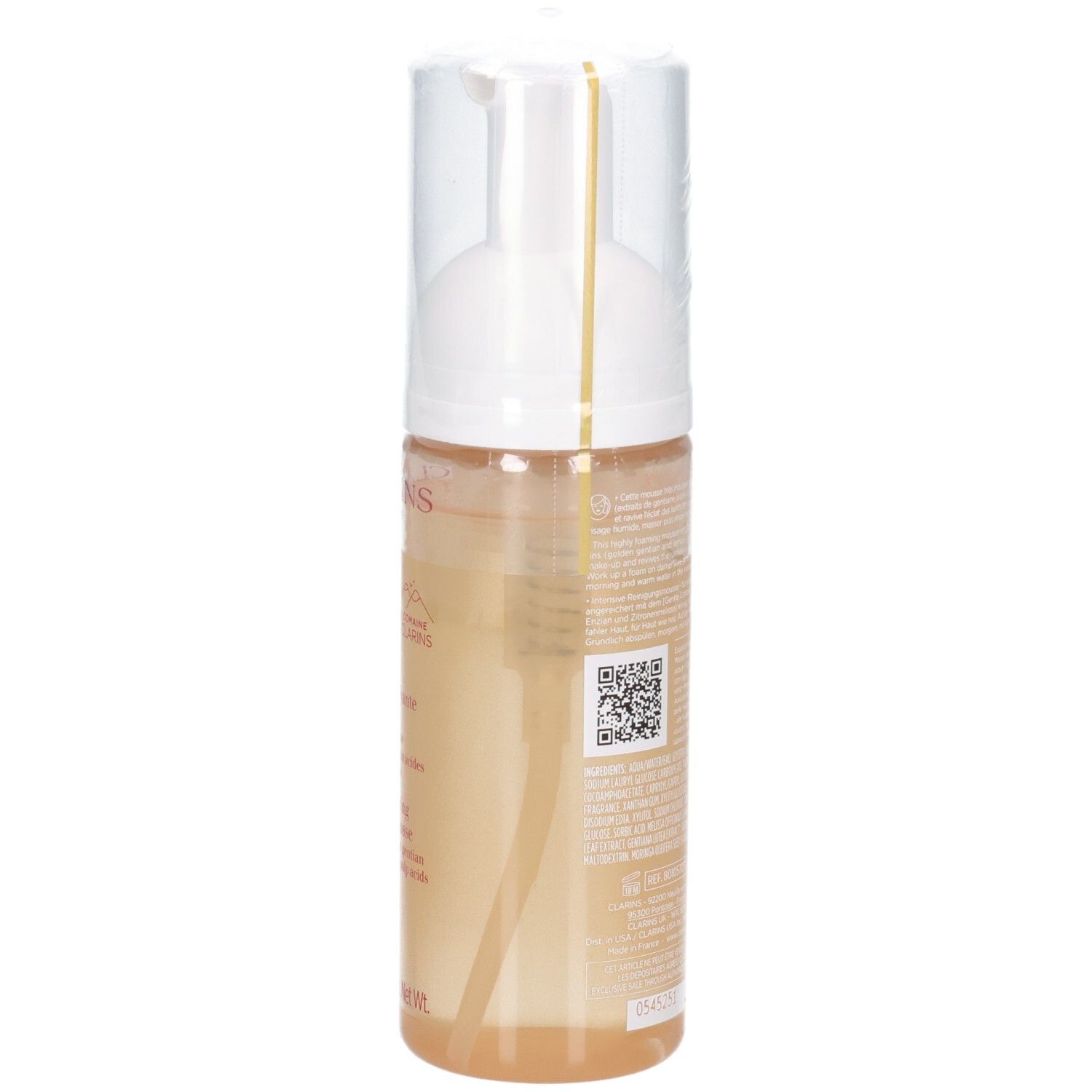 Clarins Reinigungsmousse Flasche, Seitenansicht mit Text.