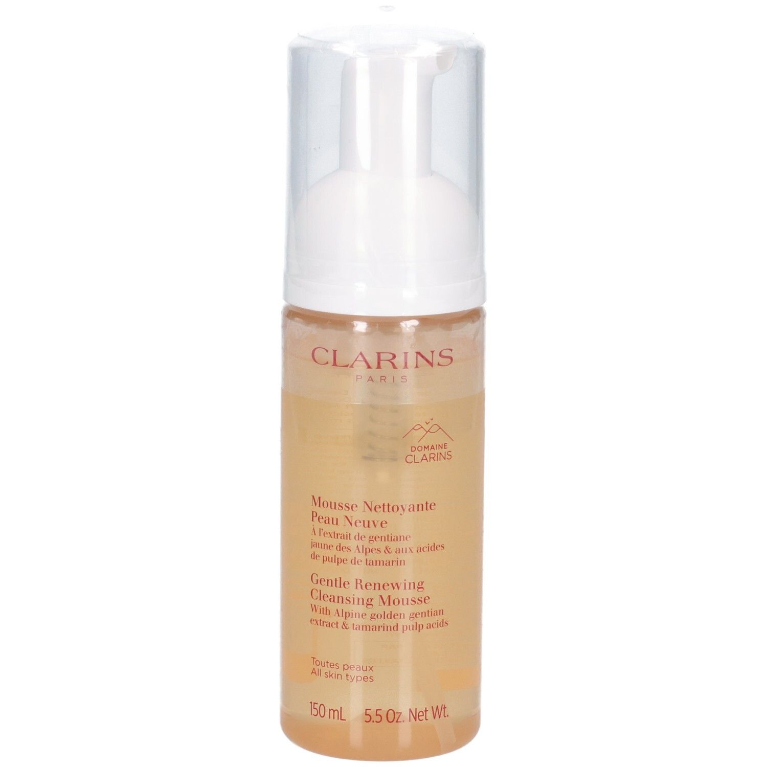 Clarins Reinigungsmousse Flasche mit Pumpspender, Etikett mit Text.