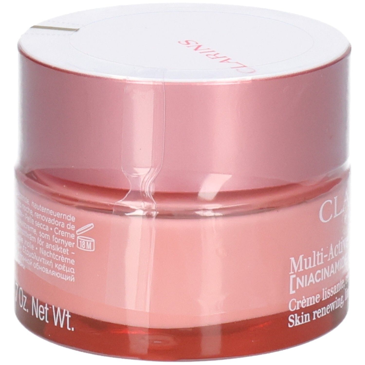 Clarins Multi-Active Nuit Nachtcreme, Seitenansicht. Enthält Niacinamid und Sechoutextrakt.