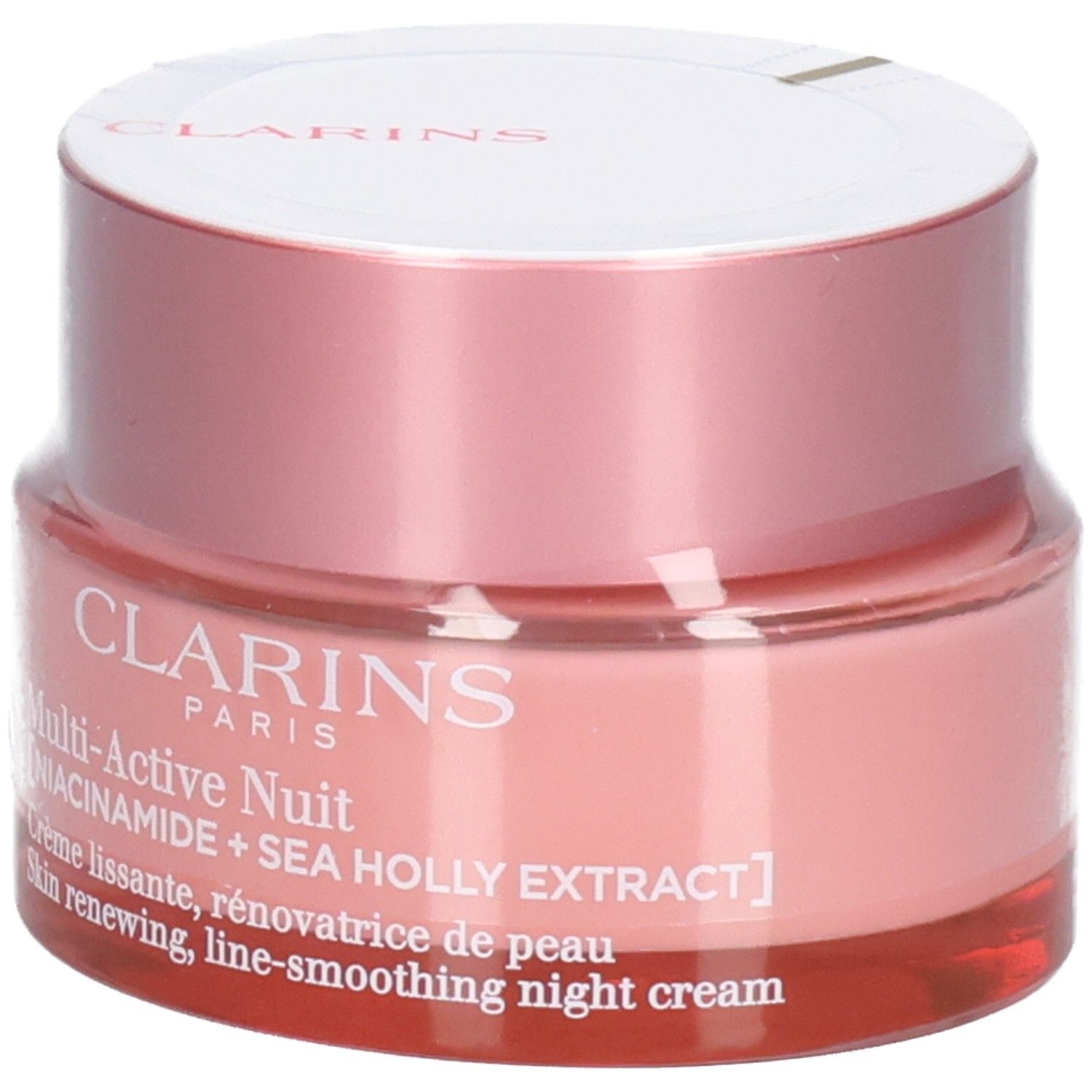 Clarins Multi-Active Nuit Nachtcreme in rosafarbener Glasdose mit silbernem Deckel.