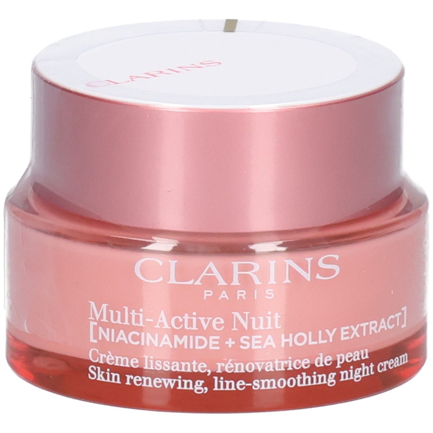 Clarins Multi-Active Nuit Nachtcreme in rosafarbener Glasdose mit silbernem Deckel.