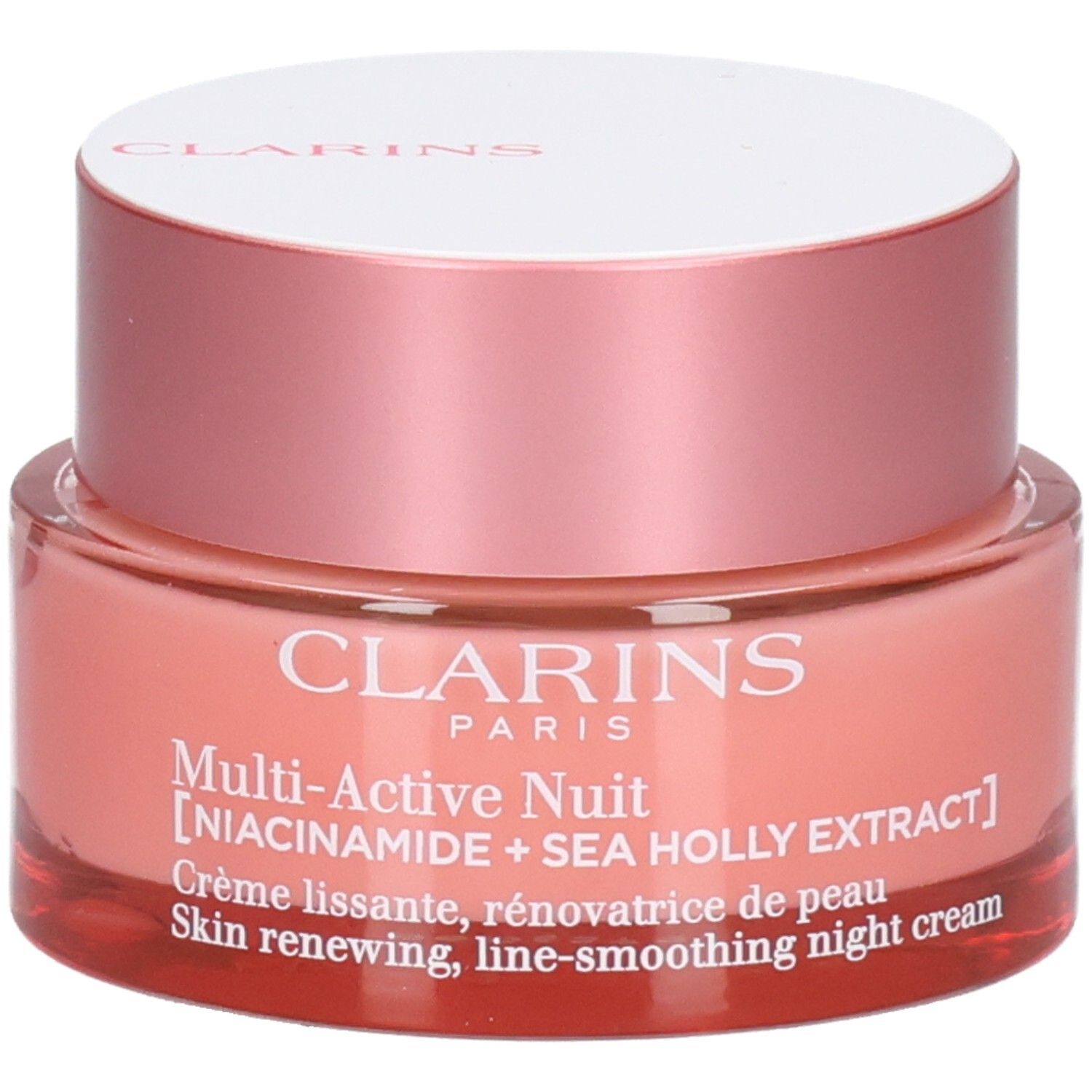 Clarins Multi-Active Nachtcreme in einem rosafarbenen Glasbehälter mit weißem Deckel.