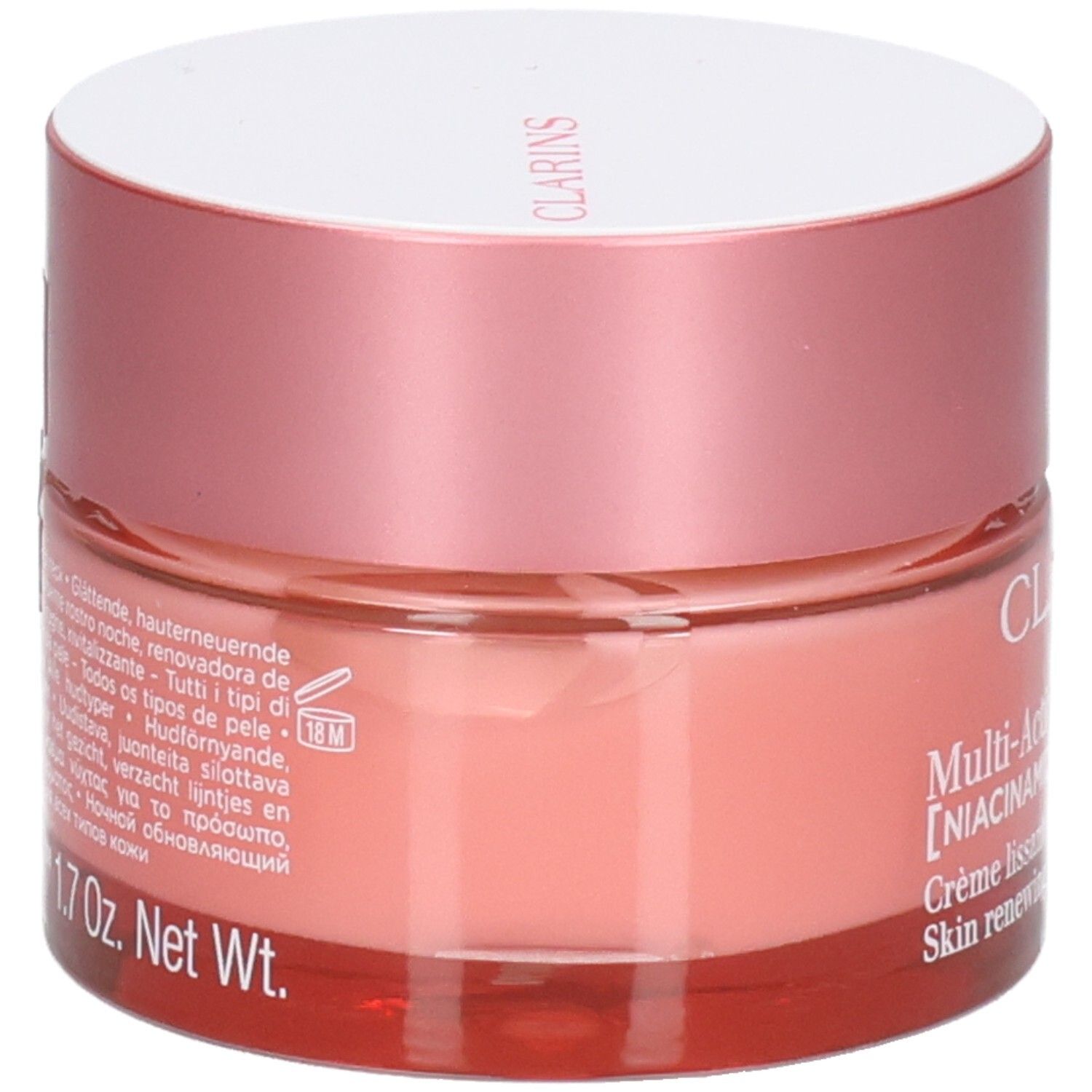 Clarins Multi-Active Nachtcreme, Seitenansicht mit Textinformationen auf dem Glas.