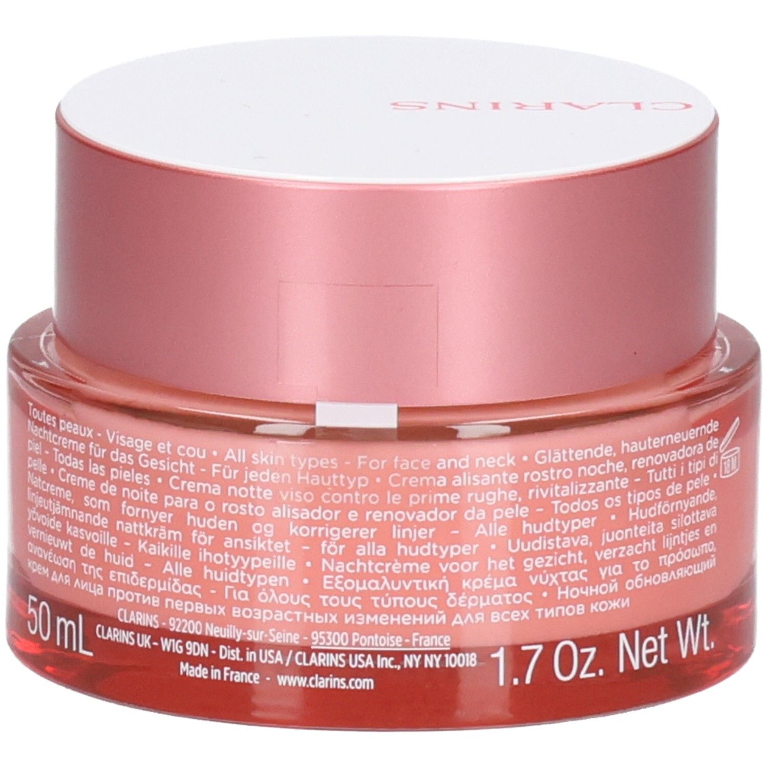 Clarins Multi-Active Nachtcreme, Unterseite des Behälters mit 50 ml und 1.7 Oz Net Wt.